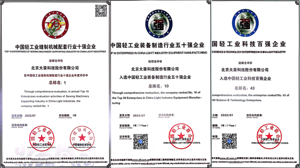 3354cc金沙集团荣获“中国缝制设备行业十强企业”（第1名），“中国轻工业装备制造行业五十强企业”（第10名），“”中国轻工业科技百强企业”（第43名）
